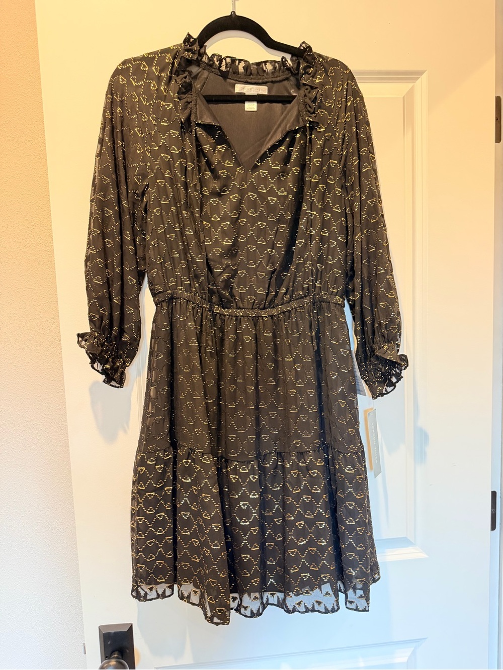 London Times Brown Printed Ruffle-Neck Long Sleeve Dress